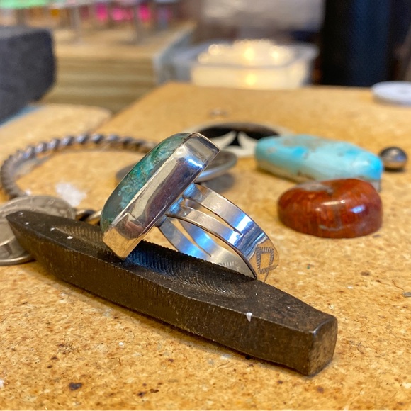 Handmade Ring Stamped Sterling Silver Silicated Chrysocolla/Malachite gem silica - Picture 2 of 9